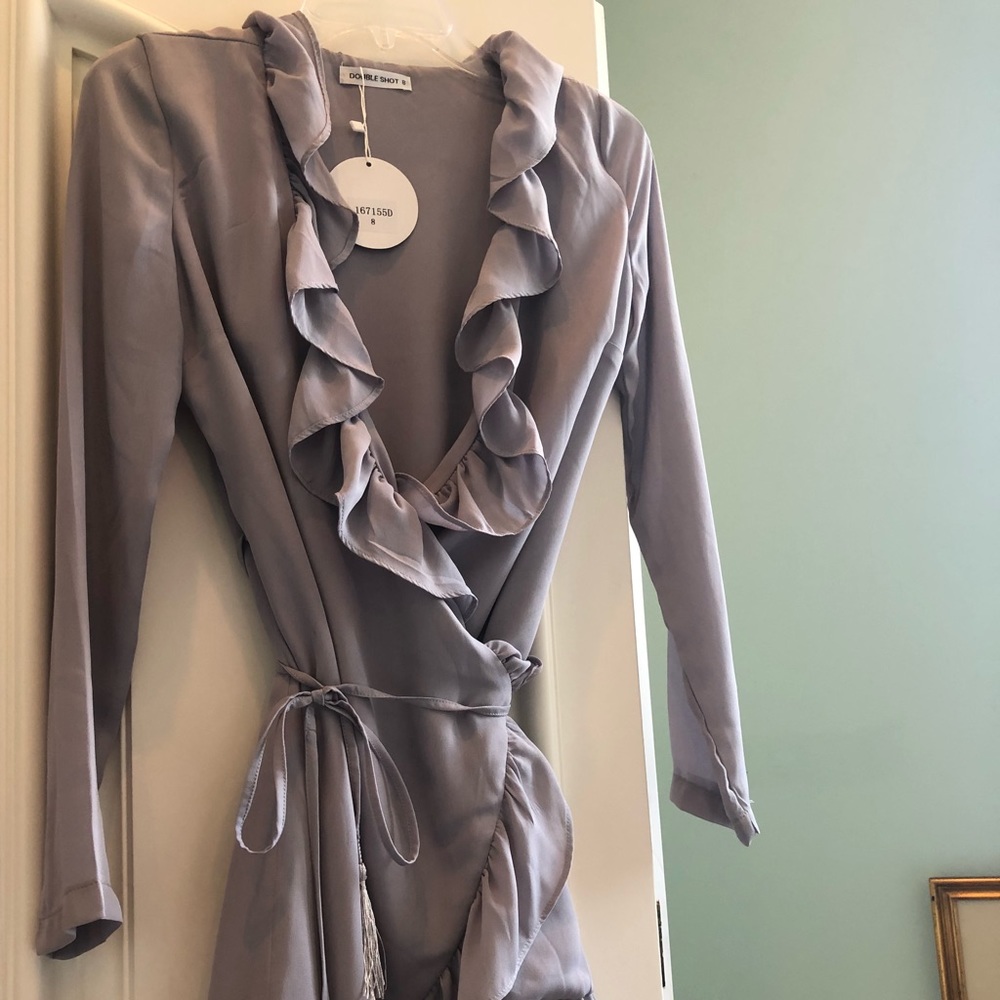 Double Shot grey ruffle wrap mini dress